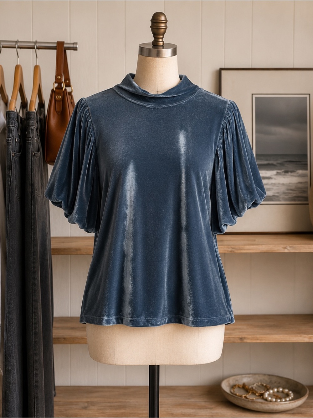 Free People Velvet Puff Sleeve Top – Size Medium – Dusty Blue